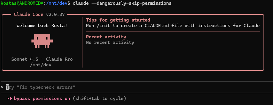 Claude Code terminal with bypass permissions enabled