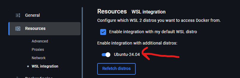 Docker Desktop Ubuntu integration settings