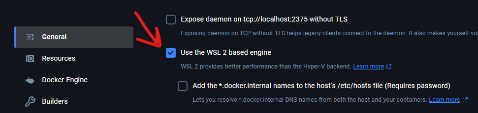 Docker Desktop WSL2 engine settings